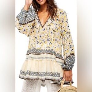 Free People Blue and Yellow Long Sleeve Tunic